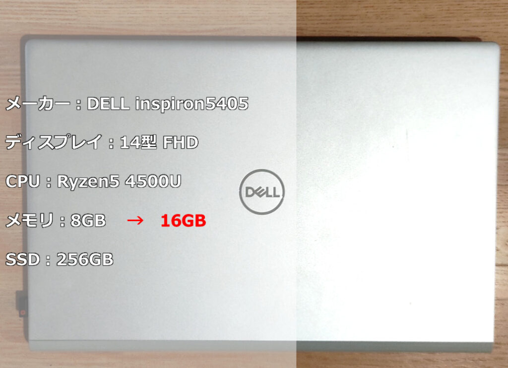 DELL ノートパソコン(inspiron 5405)のメモリを8GB追加した